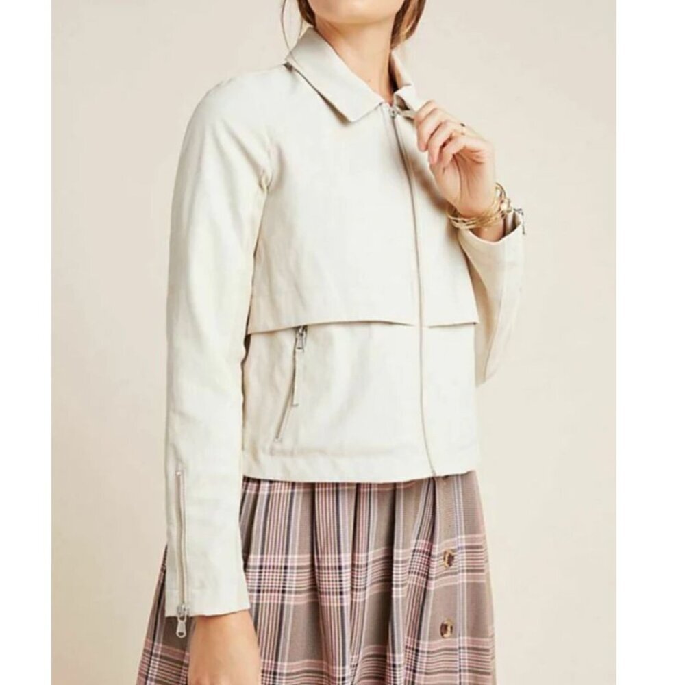 Anthropologie Cropped Moto Jacket Cream Vegan Faux Leather Zip Womens XL